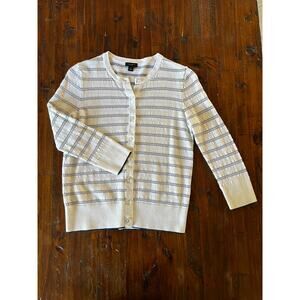 Anne Taylor Factory Button Up Cardigan White Black 3/4 Sleeve Lightweight Medium